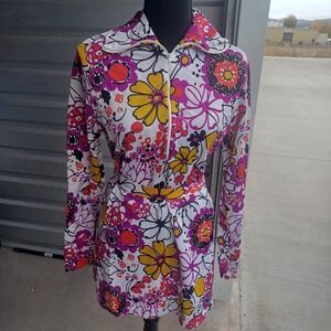 Crickets Cove Vtg 1970 Psychedelic Disco Flower Novelty Gogo Belted Tunic Dress